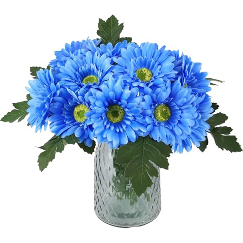 IPOPU 2 Bundles Artificial Gerbera Daisy Flowers 14 Heads Blue Fake Daisy with Stems Faux Silk Daisy Flowers for Wedding Bridal Bouquet Party Floral Arrangements Table Centerpiece Decor (Blue) - color: Blue