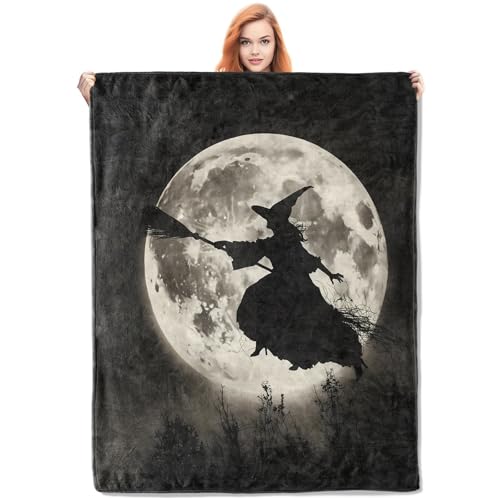 Midnight Witch Flight Fleece Blanket Gifts, Silhouette Against Full Moon Design, Soft Throw 40x50 inches, Haunting Halloween Decor - Black and Gray - color: Color451, size: 40"x50"