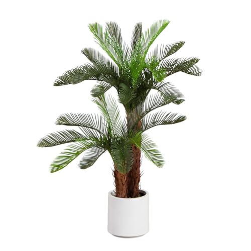 Nearly Natural 40in UV Resistant Artificial Double Cycas Palm Tree in White Planter