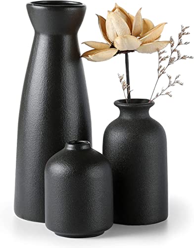 CEMABT Black Ceramic vase Set-3 Small Flower vases for Decor,Modern Boho Farmhouse Home Decor,Decorative vase for Pampas Grass&Dried Flowers,idea Shelf,Table,Bookshelf ，Entryway- Distressed - color: 3set-black