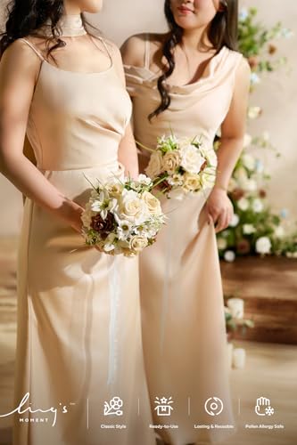 Ling's moment Artificial Bridesmaid Bouquets Set of 4,Beige Wedding Flower Bouquets Brown Floral Bouquet Bridal Bouquets with Ribbon Ceremony Anniversary,7-inch Diameter - color: Br-brown