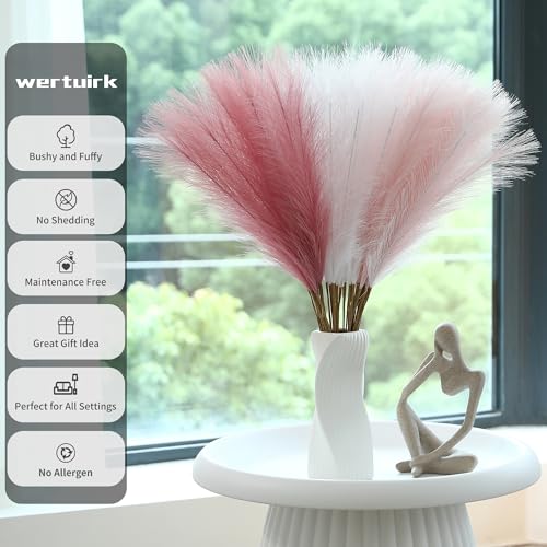 Wertuirk 60pcs Faux Pampas Grass - 24 Inch Pink Pampas Grass Home Decor, Artificial Colored Pompas Grass for Room Decor, Wedding Centerpieces and Baby Shower Decorations (Blush & White & Pink) - color: A Pink & White & Blush, size: 60 Pieces