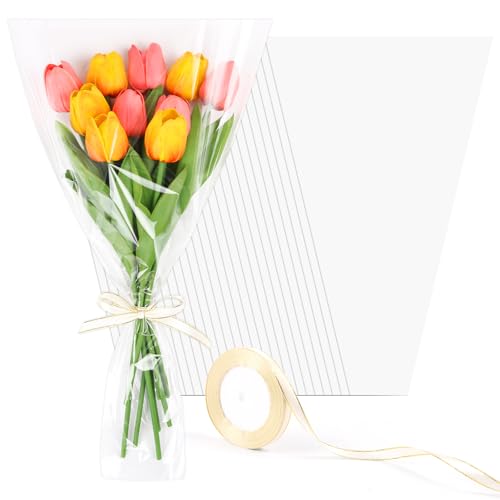 DIYASY 50 Pcs Flower Wrapping Bags for Bouquets, Clear Floral Packing Sleeves with Ribbons Florist Wrap Supplies for Wedding Mother's Day Graduation Gift - color: Clear