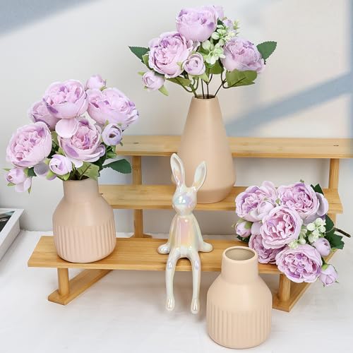 Flower Table Centerpiece - Dining Table Centerpiece Decor Set of 3 Fake Peonies in Ceramic Vases & Wood Tray Modern for Kitchen Island Living Room Coffee Table Home Decor (Light Purple) - color: Light Purple
