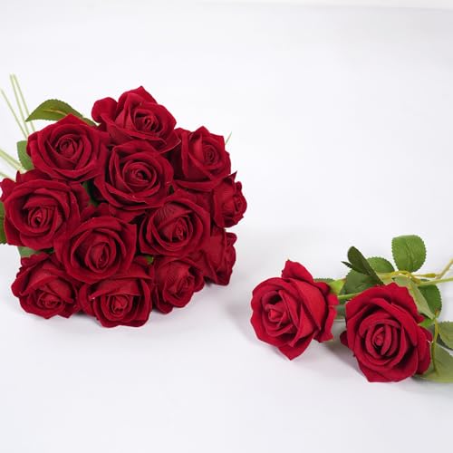 12 Pcs Red Roses Artificial Flowers with Long Stem, Faux Silk Rose Bouquet Realistic Lifelike Fake Floral Bundles Halloween Valentine's Day Wedding Party Table Centerpiece Decor, Small - color: Red, size: Small