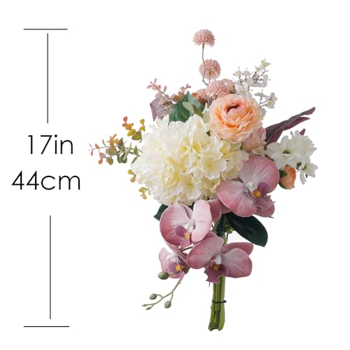 17-inch Artificial Fake Flowers Silk Flower Arrangements Faux Bouquets Composed of Hydrangea, phalaenopsis, Lotus, Double-Headed Roses, Dandelions, Jasmine, Small Fennel Branches. - color: Pink Orchid Dream
