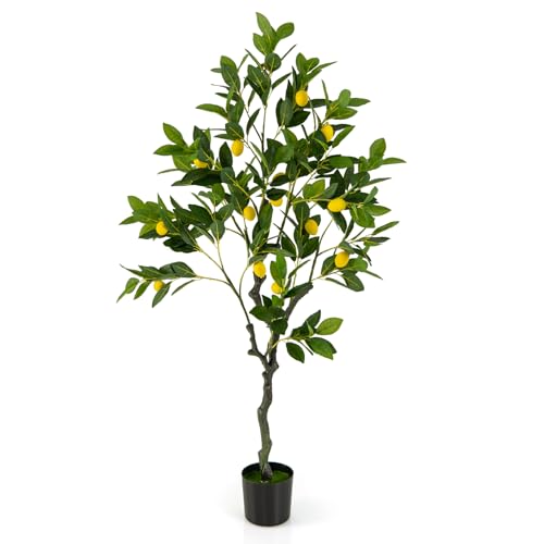 Goplus Artificial Lemon Tree, 48" Tall Fake Lemon Plant, Pre Potted Faux Lemon Tree with Cement Pot, Plastic Lemon Fruit Tree for Home Decor Living Room Office