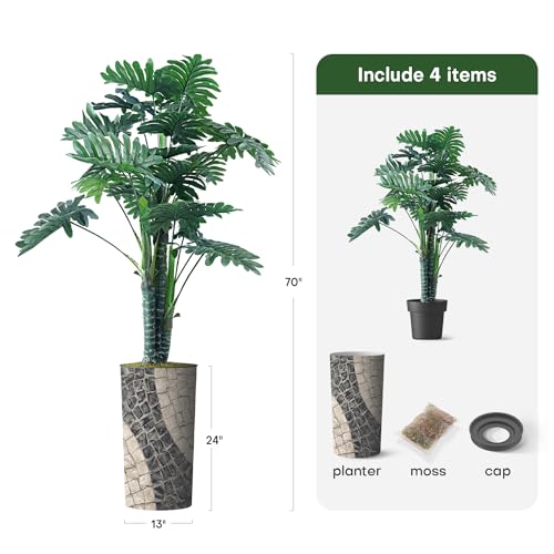 Artificial Tree in Geometric Pattern Planter, Fake Philodendron Tree Silk Tree for Indoor and Outdoor Home Decoration - 70" Overall Tall (Plant Pot Plus Tree) - style: Philodendron Tree