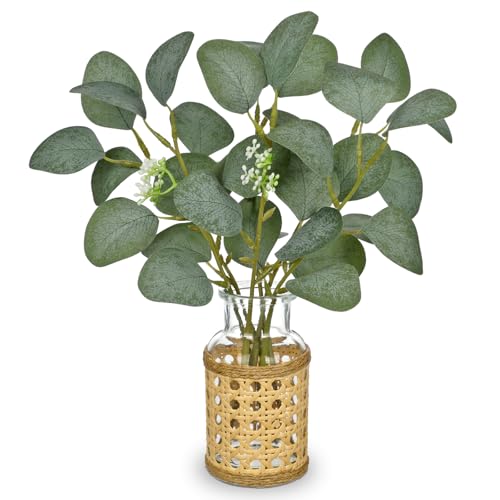 Hollyone Artificial Eucalyptus Stems in Woven Glass Vase with Faux Water, 11.8" Fake Plants Eucalyptus Leaves Branch for Indoor Shelf Desk Home Bathroom Wedding Table Centerpiece Decor - color: Green #3