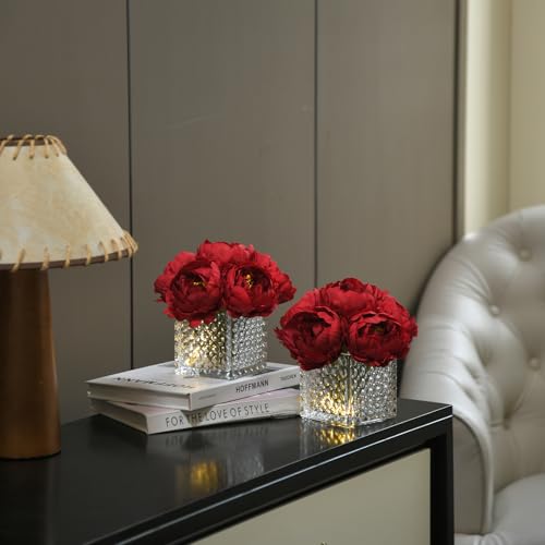 Artificial Peony Silk Flower Centerpieces with LED Light Faux Floral Arrangement in Glass Vase for Home Wedding Table Decoration (Dark Red) - color: Light-dark Red