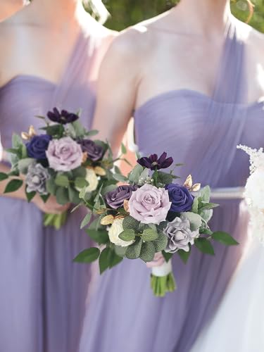 Rinlong Purple Bridesmaid Bouquet for Wedding, Prom, Homecoming | Silk Bridal Bouquet, Destination Friendly - color: 14-purple