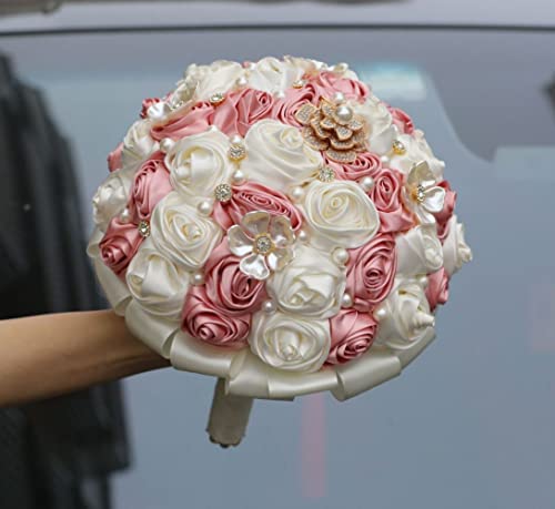 Bridal Wedding Bouquet with Rhinestone Brooch Pearl for Bride Bridesmaid Wedding Quinceanera Satin Rose Flower Bouquet Blush Pink and Ivory 9.8in - color: Blush & Ivory, size: Extra-large (DIA. 9.8"/25cm)