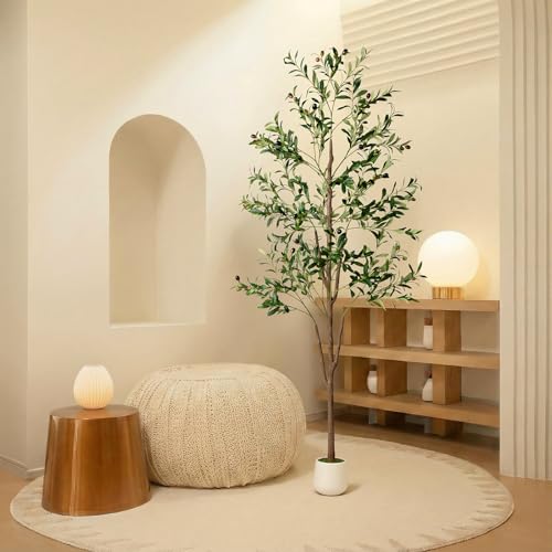 Olive Tree, 6FT Tall Faux Olive Tree with Lights Moss and Planter, Olive Trees Artificial Indoor with Realistic Wood Trunk and Lifelike Fruits, Fake Olive Tree for Home Office Living Room Decor