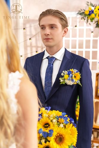 TINGE TIME Sunflower Boutonniere for Men Wedding,Groom and Pocket Boutonniere for Wedding, Prom, Homecoming, Anniversary, Graduation, Christmas Dinner - color: Sunflower&royalblue