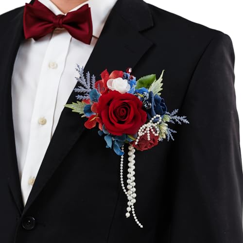 TINGE TIME Boutonniere for Men Wedding,Groom and Best Man Boutonniere for Wedding, Prom, Homecoming, Anniversary, Graduation, Christmas Dinner (1, Red & Navy Blue) - color: Red&navyblue