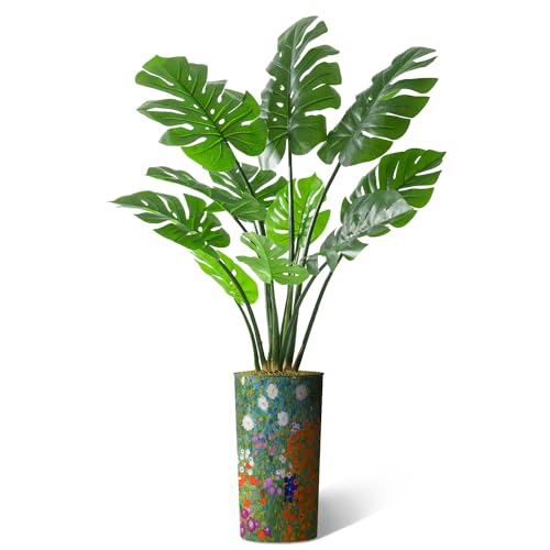 Artificial Tree in Colorful Flower Pattern Planter, Fake Monstera Silk Tree for Indoor and Outdoor Home Decoration - 65" Overall Tall (Plant Pot Plus Tree) - style: Monstera Plant