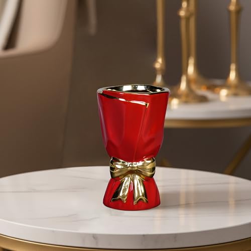 7 Inch Red Ceramic Vase for Centerpiece, Bow Ceramic Vases Home Decor, Small Modern Vase for Office Shelf, Western Desk Decor, Windowsill, Bathroom Counter, Centerpiece Table Decorations - color: Red, size: 7 inch