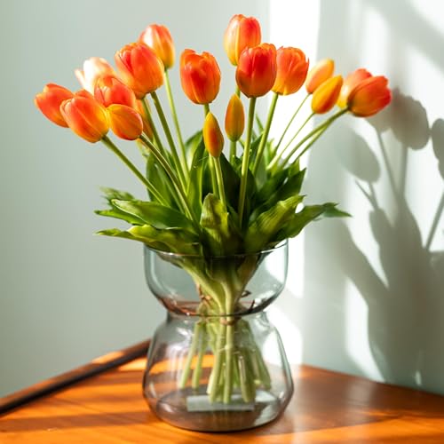 Avoeco 20Pcs Artificial Tulips Flowers Real Touch Latex – Faux Tulips Bouquet for Home Decor, Wedding Centerpieces, Spring Floral Arrangements, Fake Flowers for Vase Decoration (20, Orange) - color: Orange