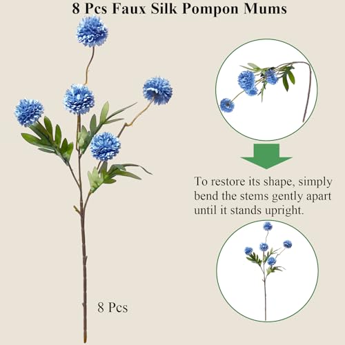 Kinisty 8 Pcs Artificial Flowers Blue Faux Silk Pompon Mums, 20" Long Stem Fake Chrysanthemum Bouquet for Vase Farmhouse Home Decor, Wedding Centerpiece - color: Blue