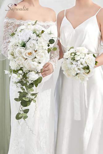 Serwalin 11 Inch Wedding Bouquets for Bride Bridesmaid, White Rose Bridal Bouquets for Bride, Wedding Flowers Bouquet Tossing Bouquet, Ceremony and Anniversary - color: White