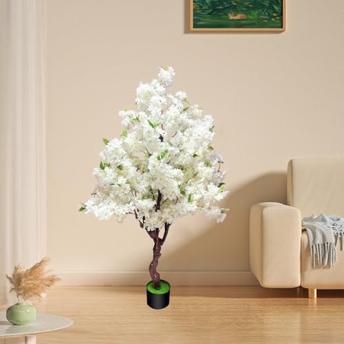 Cherry Blossom Tree 5.3ft, Faux White Cherry Blossom Tree with Green Leaves for Wedding House Office Decor
