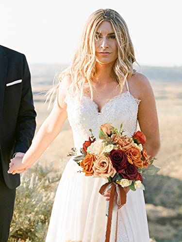 Rinlong 9" Fall Wedding Bouquet for Bride, Burnt Orange Bridal Bouquet | Silk Flowers - color: Org-gold & Terracotta, size: 8" tall, 12" wide