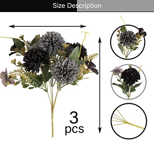 Jim's Cabin Artificial Chrysanthemum Ball Flowers - 3pcs Realistic Silk Flower with Stems&Leaves for Wedding, Party, House Decoration, Table Centerpieces Flowers (Black, Gray) - color: Black, Gray