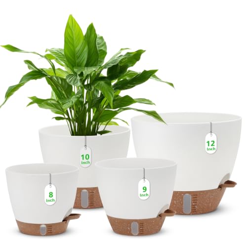 12" 10" 9" 8" Self Watering Pots with Water Level Indicator, Large Plastic Planters Set with Mesh Drainage Hole and Removable Saucer Reservoir, Big Flower Pot for Indoor Outdoor Plants - White - color: White
