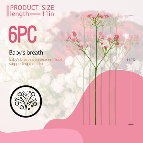 6 Pcs Babys Breath Artificial Flowers, Fake Babys Breath Flowers for Wedding Floral Arrangement Party Decor, Pink - color: Pink