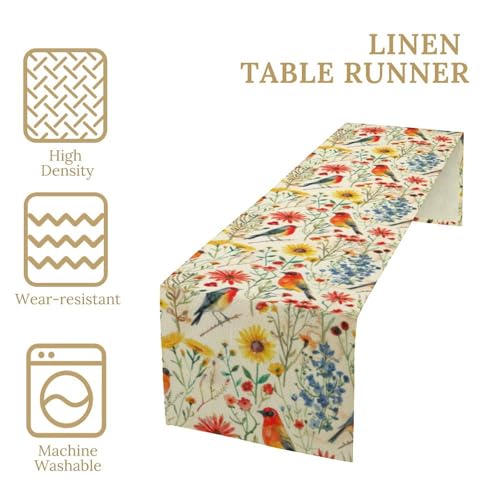 Spring Bird Floral Table Runner,Summer Birds Table Runner Burlap Table Decoration for Seasonal Home Kitchen Dining Dinner Indoor Holiday Farmhouse Decor 13x36 in - color: Bird_12, size: 13x36inch