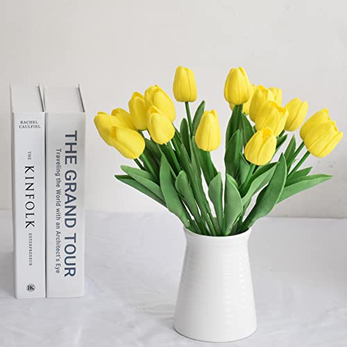 20pcs Artificial Tulips Flowers Fake Faux PU Tulip Bouquet Real Touch Flower Arrangement for Home Room Office Party Wedding Decoration Excellent Gift Idea for Mothers Day (Yellow) - color: Yellow 20