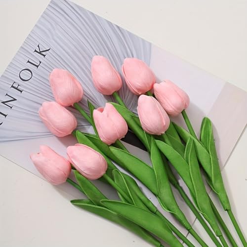 10 Elegant Pink Tulip Artificial Flowers with Dark Green Leaves - color: Pink1