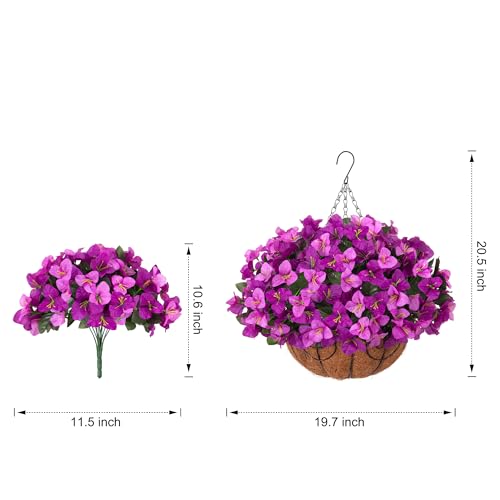 HyeFlora Artificial Hanging Flowers Plant with Basket for Outdoors, Fake Hanging Plants Silk Bougainvillea in Planter Realistic UV Resistant Faux Flower for Outside Porch Patio Garden Home Decor, Mix - color: Light Fuchsia + Fuchsia