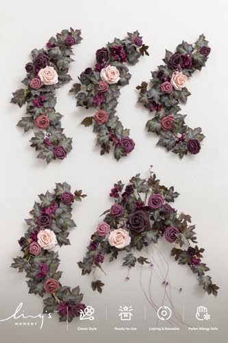 Ling's moment 9FT Flower Garland for Backdrop Decorations - Wedding Arch Flowers, Eucalyptus & Rose, Artificial Floral Garland for Mantle - Sweetheart Table Decor for Beach Reception, Purple - color: Prpl-deep Plum