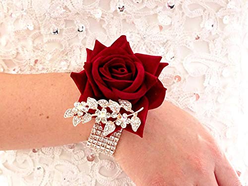 Bride Water Drop Wine Red Bouquet Luxury Jewelry Proposal Bridesmaid Bouquet Groom Corsage Bride Wrist Flower Wedding Decoration (Wine Red Bridal Wrist Flower, 10cm, Artificial Rose, 1 Count) - color: Wine Red Bridal Wrist Flower