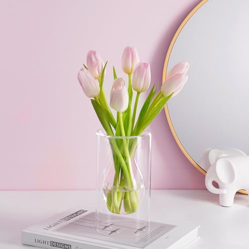 ZENS Unique Small Flower Vase, Modern Double Hollow Clear Glass Vase, Floating Decorative Vase Hand Blown Cool Bud Vase for Home Small Bouquet, Wedding Centerpieces - color: Transparent, size: 7 inch tall Lantern Vase