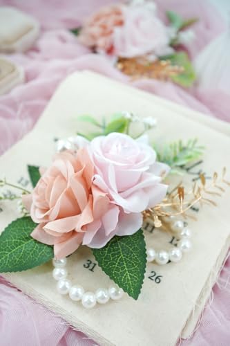 Dusty Pink Corsage and Boutonniere Set for Wedding Prom, Artificial Rose Flower Wrist Corsage Bracelets, Homecoming Corsage Wristlet, Boutonniere for Men Wedding Suit Decorations - color: Dusty Pink