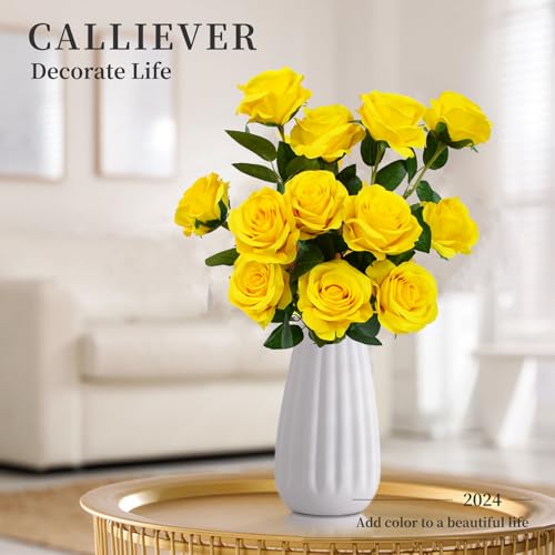 12pcs Rose Artificial Flowers, Fake Rose Silk Flower Bouquet, Faux Roses with Stems - 50cm, Roses Decor for Wedding & Home Decoration (Yellow) - color: Yellow