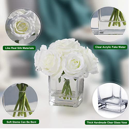 7 Large Stem Rose Artificial Flowers in Vase, Silk Floral Arrangement in Vase with Fake Water for Home Decor, Wedding Table (Cream) - color: White