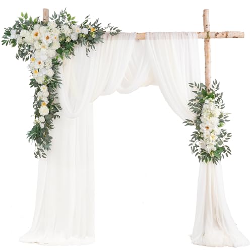 TINGE TIME Wedding Arch Flowers Kit - Deluxe 5pcs Artificial Floral Swag with 3 Sheer Drapes, Realistic Silk Flower Arrangements for Wedding Ceremony Arbor Backdrop Reception Party Home Decor - color: Ivory White