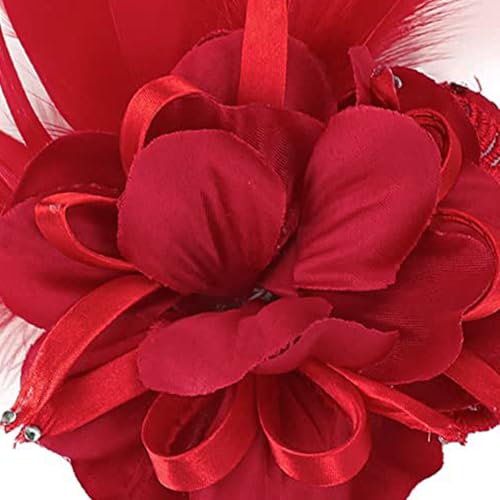 Song Qing Women's Fascinator Feather Flower Pin Brooch Corsage Bridal Hairband Derby Hat Cocktail Party Wedding - color: A3 Red