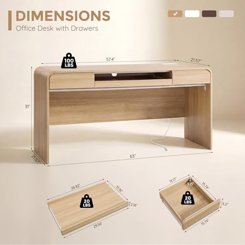 63" Modern Computer Desk with 2 Drawers, Wood Curved Executive Desk with Keyboard Tray & Power Outlet, Writing Desks with Storage for Home Office, Study Room, Living Room (Natural) - color: Natural