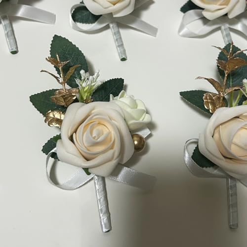 6PCS White Boutonniere for Men, Ivory Boutonniere Pins for Men Groomsmen Guest Boutonniere, Artificial Flowers for Wedding Decor Prom Homecoming - color: Ivory
