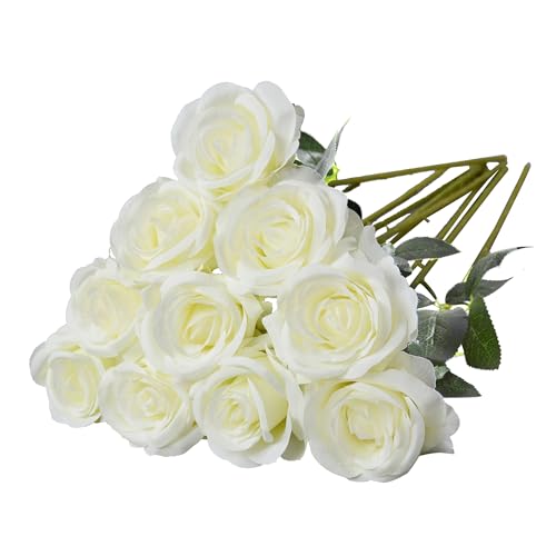10 Pcs White Rose Artificial Flower, Faux Silk Flowers With Long Stems, Fake Roses Bulk Bouquet for Decoration Valentine's Day Centerpieces Proposal Bridal Bouquets Shower Party Home Floral Decor - color: White