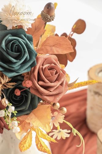 Floroom Artificial Flowers 25pcs Real Looking Teal Green Terracotta Ombre Colors Foam Fake Roses with Stems for DIY Wedding Bouquets Bridal Shower Centerpieces Floral Arrangements Tables Decoration - color: Shades of 1970s