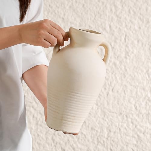 White Ceramic Rustic Flower Vase, 10.83 Inch Pottery Modern Vase for Shelf, Tabletop, Vintage Farmhouse Home Decor for Coffee Table, Living Room, Mantle, Fireplace, Entryway - color: White Rustic 10.83 Inch
