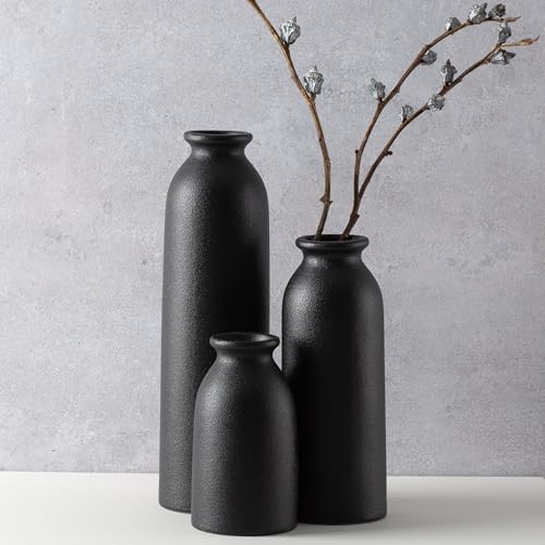 CEMABT Black Ceramic vase Set-3 Flower vases for Decor,Modern Boho Farmhouse Home Decor,Decorative vase for Pampas Grass&Dried Flowers,idea Shelf,Table,Bookshelf - color: 3set-tall Black