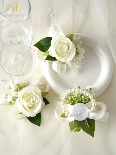 Ivory White Rose Wrist Corsage and Boutonniere Set for Prom Wedding | Artificial Silk Rose Women Pearls Corsage with Men Boutonniere for Wedding Accessories Prom Ceremony Party - color: White Wrist Corsage and Boutonniere Set