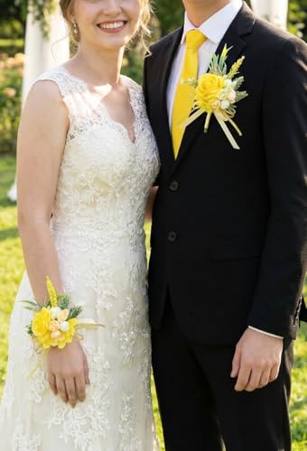 2 Pcs Wrist Corsage and Boutonniere Set, Yellow Corsage for Wedding, Boutonniere for Men Artificial Rose Flower Wristlet Bracelet Prom Ceremony Anniversary Accessories Decor Suit - color: Yellow