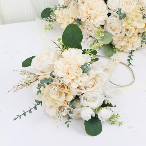 Boho Bridesmaid Bouquets for Wedding, 9 Inch Artificial Flowers Bouquets for Ceremony Anniversary Centerpieces Decorations, Roses - Beige - color: Beige, size: Set of 1 Bridesmaid Bouquets